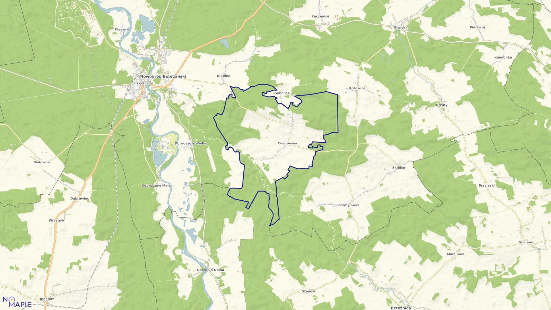 Mapa obrębu Drągowina w gminie Nowogród Bobrzański