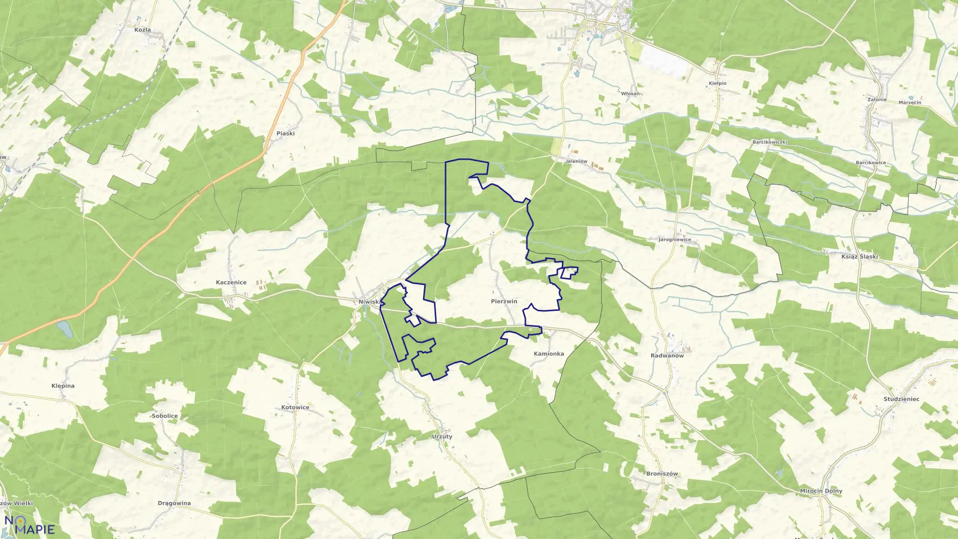 Mapa obrębu Pierzwin w gminie Nowogród Bobrzański