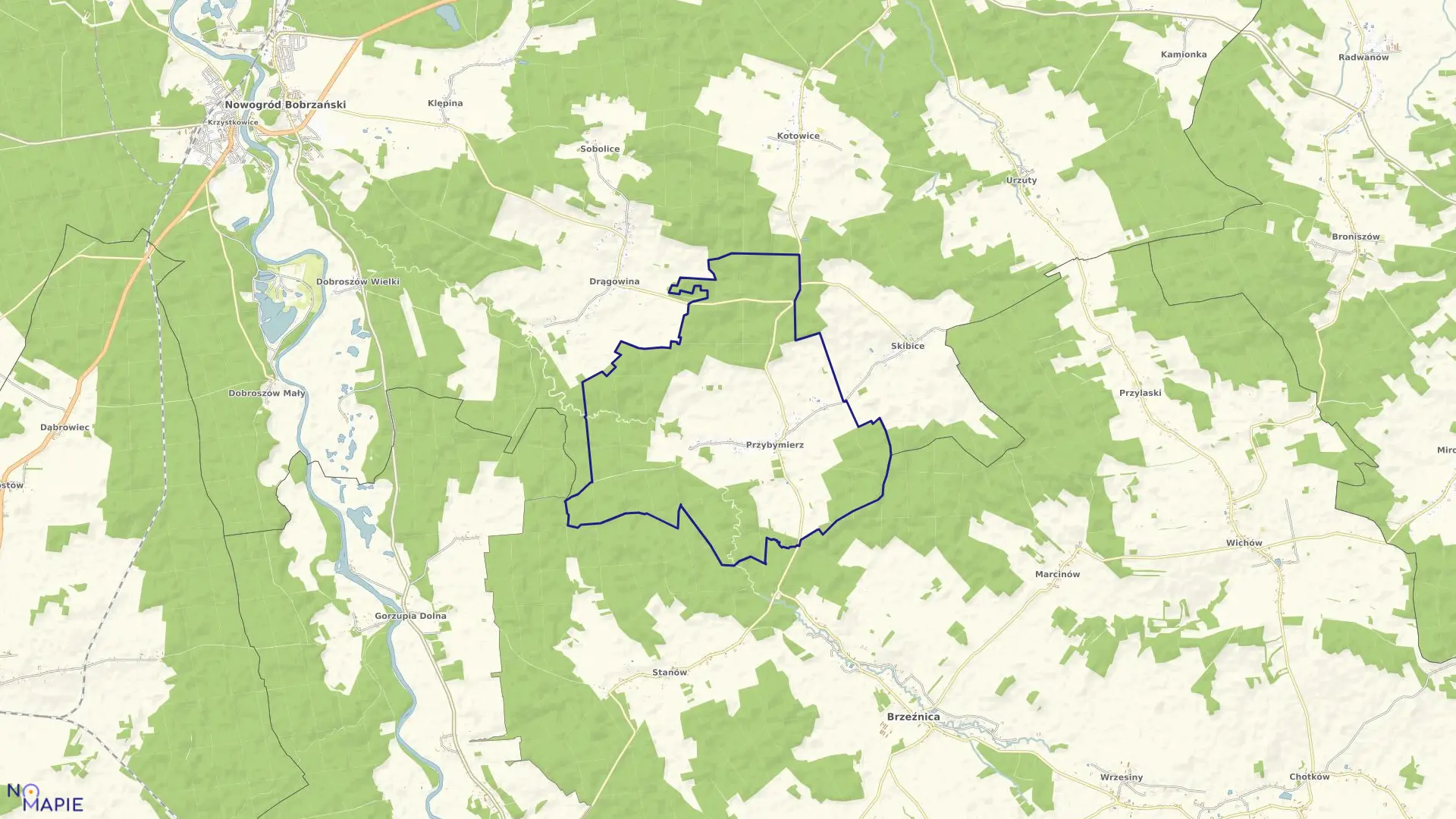 Mapa obrębu Przybymierz w gminie Nowogród Bobrzański