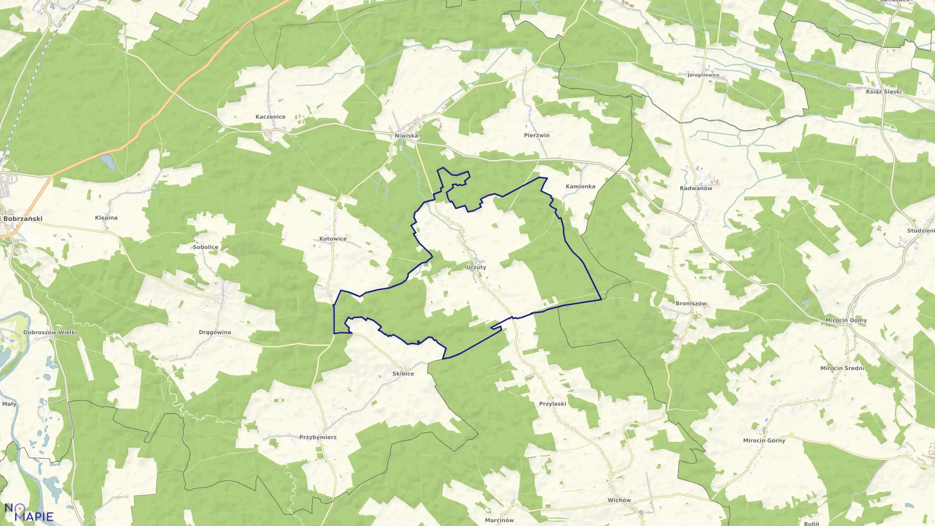 Mapa obrębu Urzuty w gminie Nowogród Bobrzański